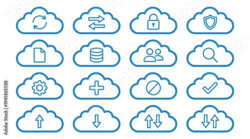 Cloud service and network related line icons. Database and online storage vector linear icon set.