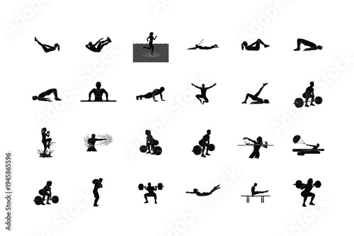 Yoga Headstand, Crow Pose, Kettlebell Floor Press, Foam Rolling, Child’s Pose, and Core Stretching Silhouettes