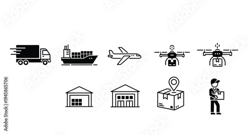 Various transportation and logistics icons in a simple black silhouette