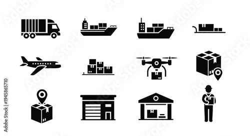 Logistics and transportation icons depicting delivery methods in black silhouette
