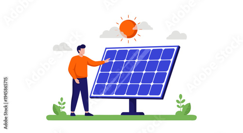 Solar panel installation vector illustration with a man setting up renewable energy, clean technology concept