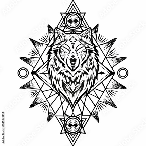 Geometric Wolf Mandala Art - Sacred Symmetry Wild Animal Spirit Tattoo Sketch