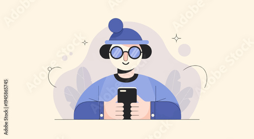 A flat illustration of a person wearing a blue hat and glasses holding a smartphone