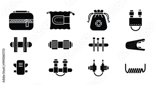 Black icons depicting various travel accessories and connectors silhouette high quality