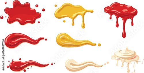 Sauce Splashes Collection Ketchup Mustard and Mayonnaise Liquid Drips Realistic Food Condiment Vector Illustration