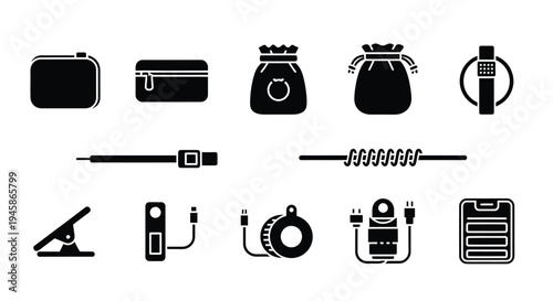 Collection of various travel and tech accessories in black silhouette