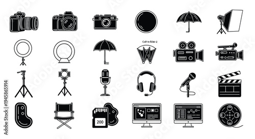 Collection of photography and filmmaking equipment icons in black silhouette