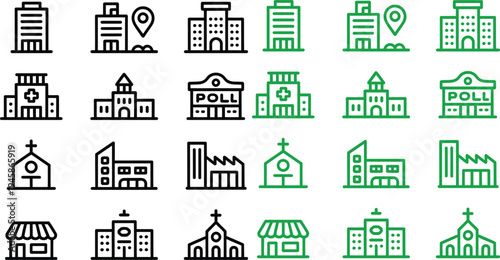 Set of Minimalist Building Icons Including Hospital School Church and Factory in Black and Green Line Art for City Map and Infrastructure Design
