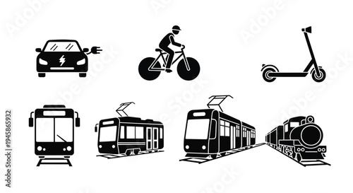 Various electric and traditional transportation modes depicted in black silhouette