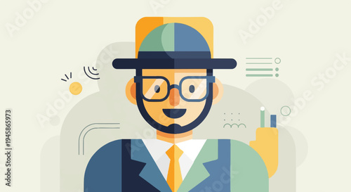 A flat illustration of a person wearing a hat, glasses, and suit