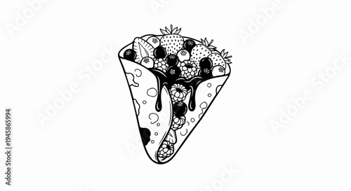 A black and white illustration of a crepe filled with berries and dripping chocolate