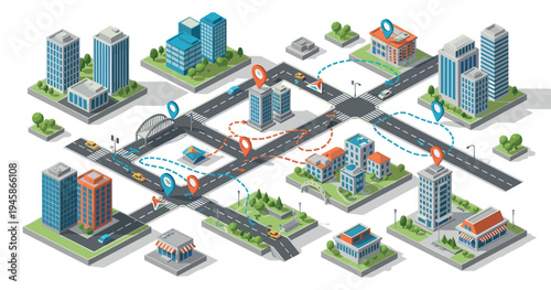 Isometric City Map Navigation Vector Illustration with GPS Location Pins Roads Buildings Urban Infrastructure and Route Planning