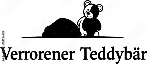 A black and white illustration of a bear cub, wearing patches of black and white