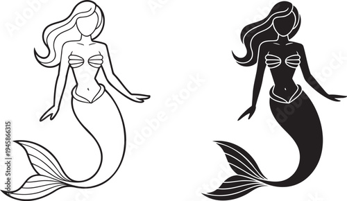 Mermaid silhouette & outline set isolated on transparent background 