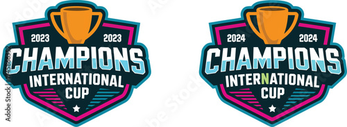 Football Academy 2024 Logo Badge Set with Soccer Ball and Shield Emblems in Red and Royal Blue for Sports Team Branding