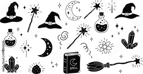 Witchcraft Magic Elements Collection Wizard Hat Wand Potion Moon Spell Book and Crystals Vector Illustration