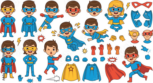 Cute Superhero Boy Character Creation Kit Vector Set with Masks Capes Poses Expressions and Cartoon Costume Elements