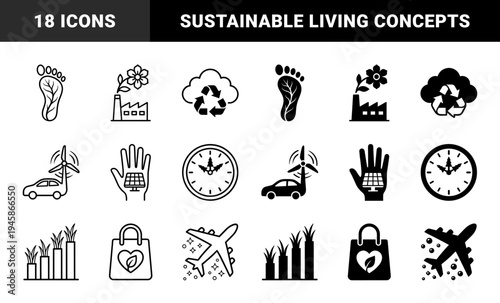 Sustainable energy and eco friendly lifestyle hybrid symbols featuring wind power electric car solar hand and carbon footprint leaf concepts