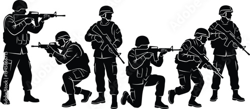 Soldier military combat silhouette illustration design, tactical armed forces artwork concept, defense theme, warfare symbol, security training graphic style image