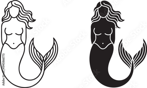 Mermaid silhouette & outline set isolated on transparent background 
