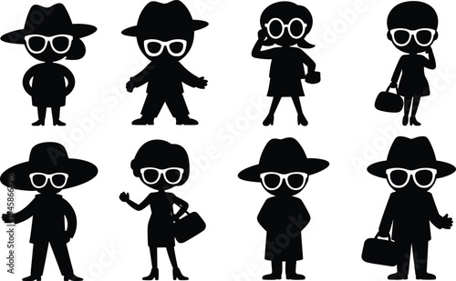 spy, detective, agent, secret, silhouette, character, mystery, investigation, sunglasses, hat, cartoon, undercover, espionage, disguise, secret, service, stealth, illustration, icon, collection