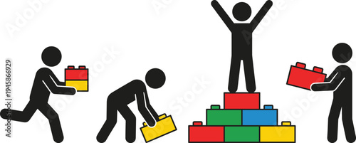 Teamwork collaboration building block silhouette illustration design, achievement artwork concept, success theme, collective effort symbol, creative strategy graphic style image