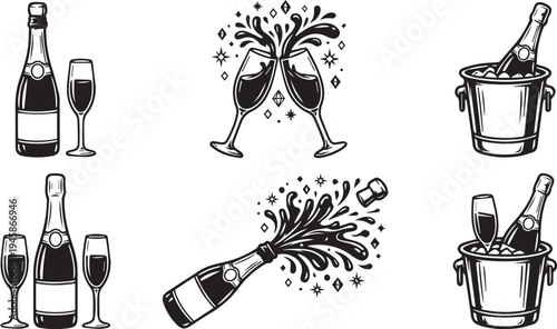 Champagne celebration vector set with bottles, glasses, ice buckets, clinking toast, and sparkling spray design