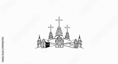 A black and white illustration depicts a collection of buildings with crosses on top