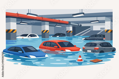 Flat vector illustration of a flooded underground parking garage with submerged cars. Urban natural disaster scene showing vehicles underwater in a basement lot after heavy rain or storm damage.