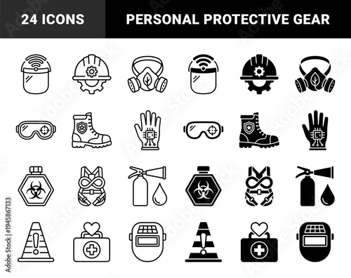 Hybrid personal protective equipment icons merging safety gear with smart technology and biosecurity symbols in outline and solid styles