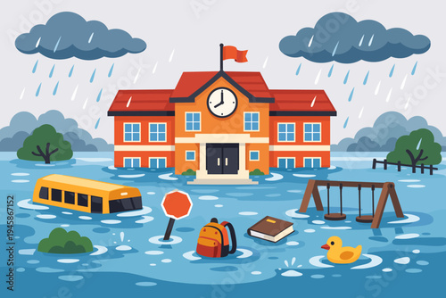 Flat Vector Illustration of a School Building and Bus Submerged in Floodwater During Heavy Rain, Featuring Floating Backpack, Book, and Rubber Duck in a Natural Disaster Emergency Scene.