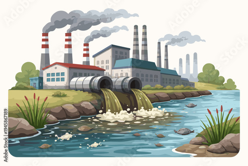 Industrial factory discharging toxic wastewater into a river with dead fish floating in polluted water and smoke from chimneys, environmental pollution and ecological damage vector illustration.