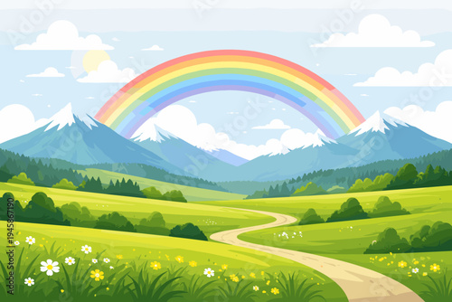 Flat vector illustration of a scenic green landscape with rolling hills, a winding path, blooming wildflowers, lush forests, snow-capped mountains, and a vibrant rainbow in a bright sunny sky.
