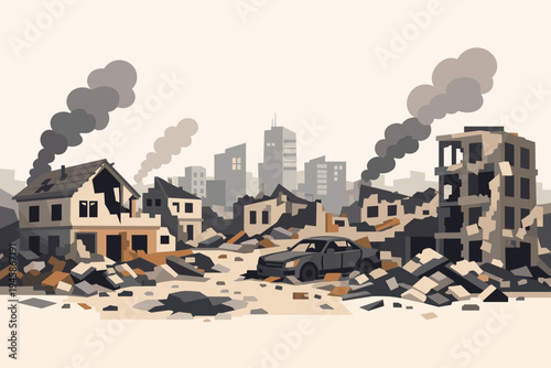 Flat Vector Illustration of a Destroyed City After War with Ruined Houses, Broken Buildings, Smoke, Rubble, and Abandoned Car in a Post-Apocalyptic Urban Landscape Scene of Conflict and Disaster