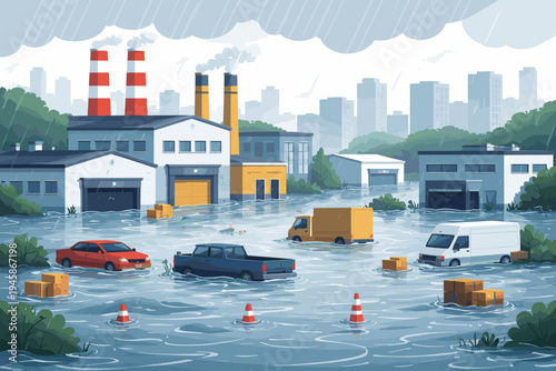 Industrial area flooded after heavy rainfall with submerged factories, warehouses, and vehicles. Cars, trucks, and cargo boxes floating in water during a storm. Flat vector style illustration.