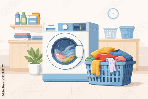 Modern laundry room interior with a front-load washing machine in operation, a blue basket overflowing with colorful clothes, detergent bottles, folded towels, a wall clock, and a green plant.