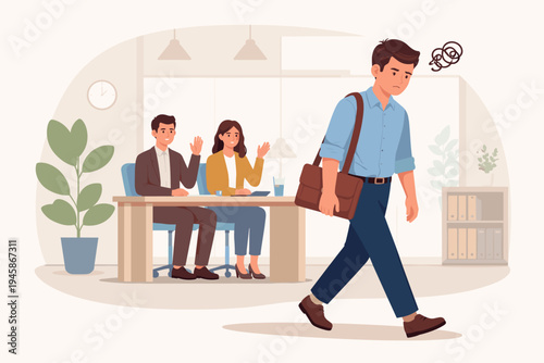 Disappointed Young Man Walking Away After a Failed Job Interview in an Office Setting, Sad Candidate Leaving the Recruitment Room with Briefcase, Flat Vector Illustration for Career Concepts