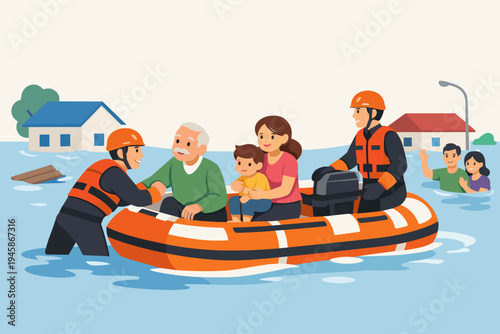 Rescue Team in Inflatable Boat Helping Flood Victims During Natural Disaster, Emergency Relief Operation with Rescuers Saving Elderly Man, Woman, and Child from Submerged Houses in Flat Vector