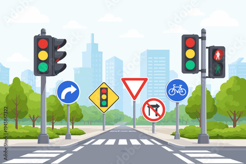 City street intersection with traffic lights, pedestrian signals, and various road signs like yield, bicycle lane, and no right turn, featuring a crosswalk and urban skyline background.