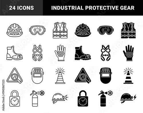 Hybrid industrial safety equipment icons combining protective gear with biological and technological elements in outline and solid styles