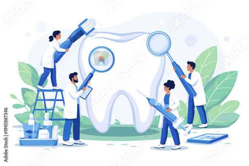 Team of professional dentists cleaning and examining a giant tooth with medical tools like a toothbrush, magnifying glass, dental mirror, and syringe for oral hygiene and healthcare concept.