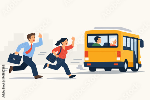 Man and woman office workers running and waving frantically to catch a yellow city bus driving away, stressed employees being late for work, flat vector illustration of daily commute struggle.