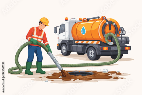 Professional Sanitation Worker Cleaning a Septic Tank and Vacuuming Sewage from a Manhole using a Specialized Pump Truck, Flat Vector Illustration for Waste Management and Maintenance Services.