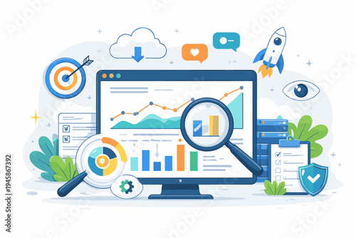Data monitoring and web traffic analytics dashboard concept. Vibrant flat vector illustration of a computer screen with charts, graphs, magnifying glass, rocket, target, SEO, and marketing icons.