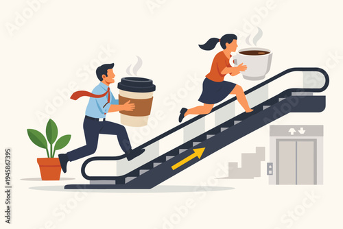 Business People Running Up Escalator with Giant Coffee Cups, Concept of Morning Office Rush, High Energy, Caffeine Boost, and Fast-Paced Corporate Lifestyle, Flat Vector Illustration Design