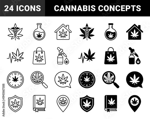 Cannabis hybrid conceptual symbols combining marijuana leaves with medical caduceus laboratory flask heartbeat monitor and retail shopping bag