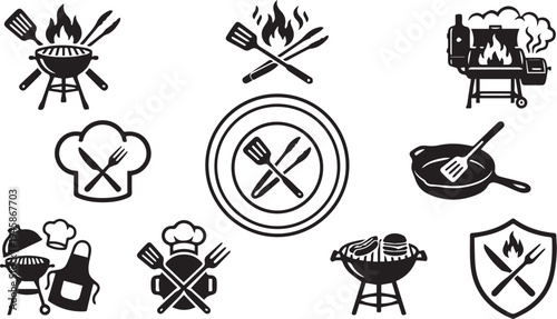 Cooking icons vector set with grills, flames, utensils, chef hats, frying pan, shield emblem, and plate design