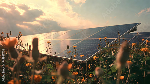 solar panels on a flower field. sunset over the field