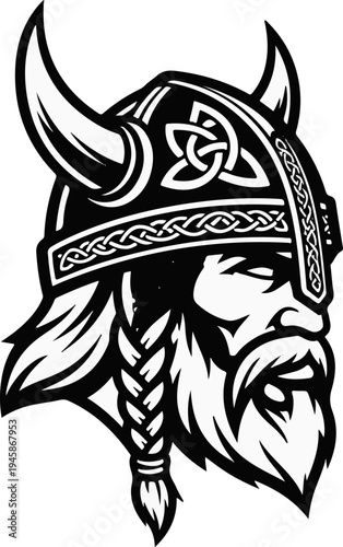 A black and white depiction of a fierce Viking warrior's profile