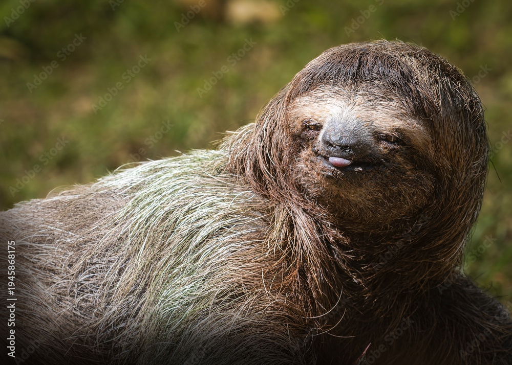 Obraz premium Three toed sloth walking on ground portrait in tropical habitat